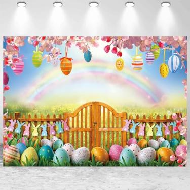 Imagem de 3 x 2,4 m Pano de fundo de páscoa primavera jardim floral grama coelho ovos arco-íris fotografia fundo páscoa crianças festa decoração decoração estúdio foto adereços
