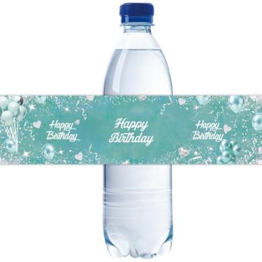 Imagem de 32 etiquetas de garrafa de água de feliz aniversário azul lago, embalagens de garrafa de água de aniversário de balão, adesivos de balão de coração para decoração de festa de aniversário