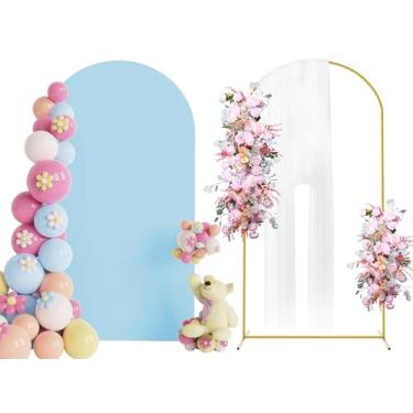 Imagem de Putros Suporte de arco de metal de 2,2 m com capa, capa de arco de casamento de elastano azul empoeirado e topo redondo Chiara para decoração de festa de aniversário de chá de bebê