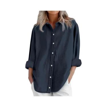Imagem de Camisa Casual Feminina De Algodão E Linho De Manga Longa Em Cor Sólida