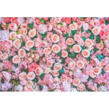 Imagem de Vie Savaran 2,1 x 1,5 m Pano de fundo de parede floral rosa rosa flores folhas verdes bandeira romântica dia dos namorados decoração de fotografia aniversário casamento chá de noiva bolo mesa estúdio