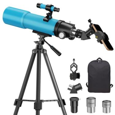 Imagem de Telescópio astronômico para adultos e crianças de 8 a 12: alta potência 80 mm portátil refratante FMC iniciantes explorador mira para viagens lua planeta estrelas olhando com tripé profissional
