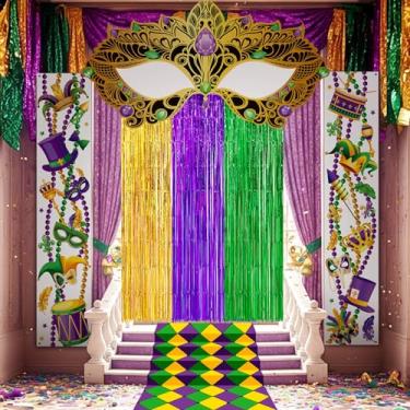 Imagem de VitalCozy 7 peças de decoração de festa de carnaval máscara de baile de máscaras faixas de festa roxo verde dourado franjas cortinas de fundo para festas de carnaval, adereços de fotos, estúdio de