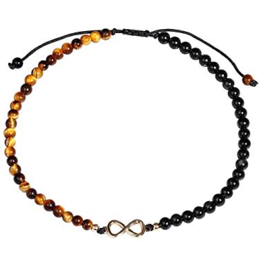 Imagem de Jewever Tornozeleira com pingente infinito olho de tigre/obsidiana preta com contas para mulheres pés de praia cristais e pedras preciosas joias ajustáveis, 10 inches, Pedra, Olho de tigre