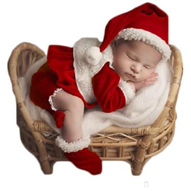 Imagem de Roupas de crochê para fotos de bebê recém-nascido Natal roupas de crochê papai noel chapéu vermelho calças botas adereços para fotografia