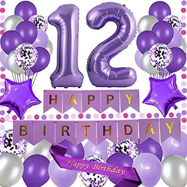 Imagem de yujiaonly 12 anos decoração de festa roxo Feliz aniversário banner de papel roxo 101 cm número 12 balões de látex e confetes de feliz aniversário, perfeito para festas de 12 anos, balões número 12 roxo