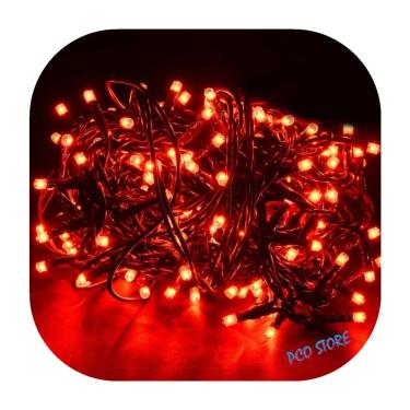 Imagem de Cordão Pisca 100 Led Prova D´água Fixo Vermelho Fio Verde 10m Decor Natal 110v