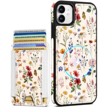 Imagem de Shorogyt Capa carteira para iPhone 11 – Serve para 7 cartões, compatível com Magsafe Suporte magnético destacável para cartão de crédito de couro bonito capa de telefone feminina meninas para Apple 11