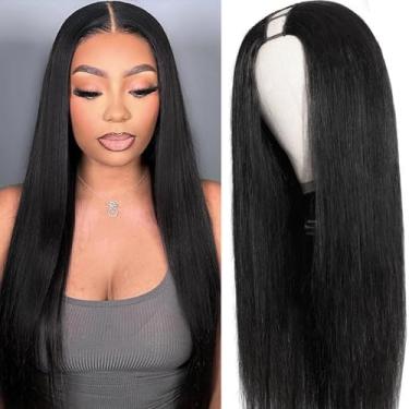 Imagem de Perucas de cabelo humano em U com densidade de 250%, perucas com cordão sem colas, cabelo humano liso, clipe de cabeça inteira, perucas em formato de U, para mulheres, para iniciantes, cor preta