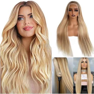 Imagem de Peruca de cabelo humano marrom ombré de 61 cm com destaque, 33 x 10 cm, realces lisos, cabelo virgem brasileiro 9A, linha do cabelo pré-arrancado sem brilho com nós descoloridos (pode ser modelado)