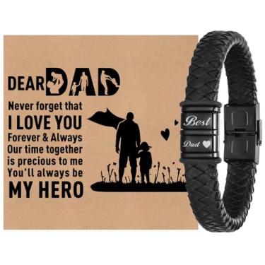 Imagem de Pulseira de couro personalizada para pai de 2 a 6 anos com nome infantil, pulseira masculina de couro trançado genuíno ajustável para dia dos pais, presente para marido, pai, namorado, da filha e