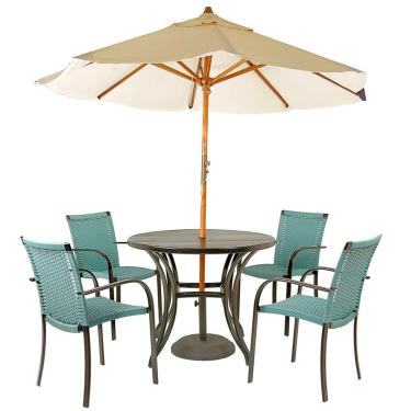 Imagem de Kit 4 Cadeiras Ascoli Fibra Sintética Azul Turquia+Mesa Tampo Ripado Preta+Ombrelone Central Bege