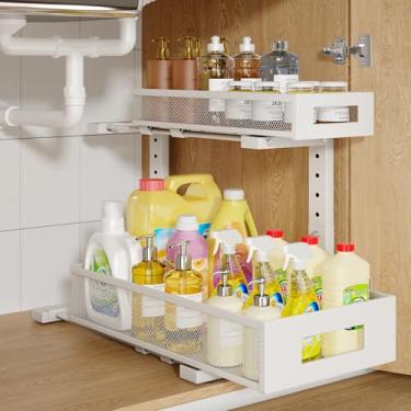 Imagem de 1 pacote com organizador de armazenamento sob a pia de 43 cm, prateleira grande de 2 camadas de malha elegante para organização de armários de cozinha e banheiro, design em forma de L e altura