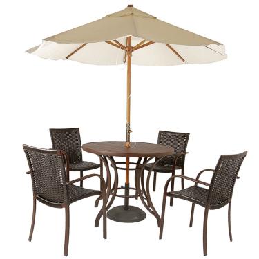 Imagem de Kit 4 Cadeiras Fibra Tabaco e Mesa Tampo Marrom e Ombrelone Bege