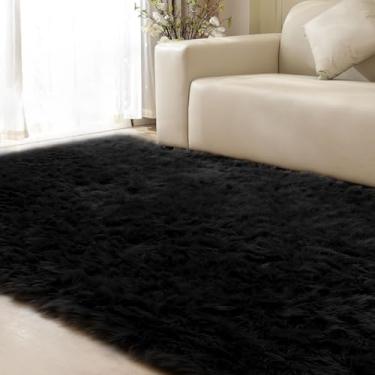 Imagem de ORINOVA Tapetes laváveis de 15 x 23 cm para sala de estar, preto, felpudo, pele de carneiro sintética, tapete retangular para quarto, berçário, decoração de casa