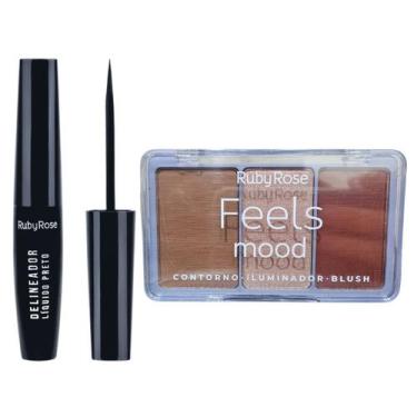 Imagem de Delineador Preto e Paleta Blush Iluminador T30, I40, B100 - Ruby Rose