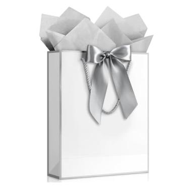 Imagem de JMANNI Bolsa de presente, 1 bolsa de presente grande com fita e 1 cartão de felicitações, 2 lenços de papel, bolsa de presente de papel portátil com alças, sacolas de presente de aniversário, sacolas