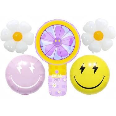 Imagem de Cartoon Handheld Fan Balloon Set with 32" Smiley Daisy Fans, Yellow Purple Lightning Face Balloons, Fun Party Decorations for Birthdays, Summer Parties，Fun Baby Shower, Picnic BBQ Party Decorations