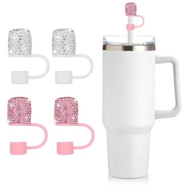 Imagem de Conjunto de capa de canudo de strass brilhante - pacote com 4 tampas de canudos para copos Stanley de 30 e 1,134 g, inclui rosa e prata, tampas de canudo de silicone para acessórios de garrafa de água