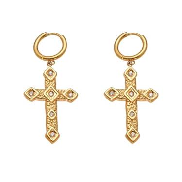 Imagem de Kokoma Brincos de argola vintage com pingente de cruz para mulheres, aço inoxidável banhado a ouro, zircônia cúbica, cristal de zircônia cúbica, joia moderna