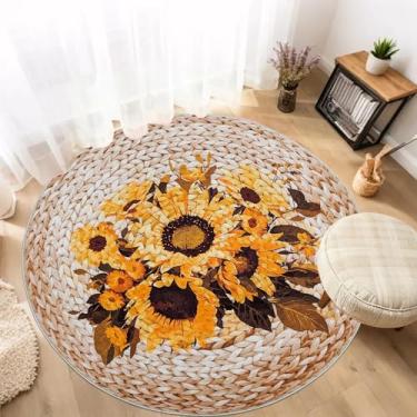 Imagem de Lacomfy Tapete floral de 1,2 m redondo de girassóis para quarto de meninas, fazenda, sala de estar, berçário, sala de jogos, círculo, flores amarelas boho, rústico, impresso em vime, gasto, retrô