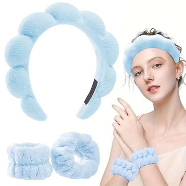 Imagem de Bandanas azuis para a pele, faixa de cabeça de spa para maquiagem, lavagem de rosto, máscara, tratamento de pele