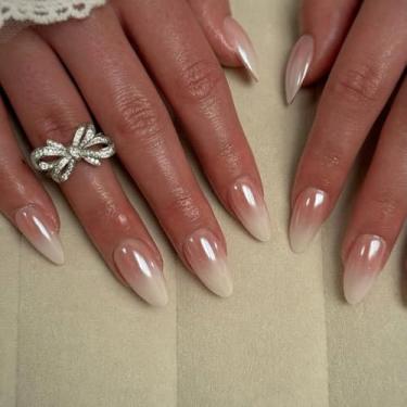 Imagem de Prego curto de amêndoa, ponta de unha falsa ombré branca nude, design cromado com mini lixa de cola gelatinosa, 30 peças