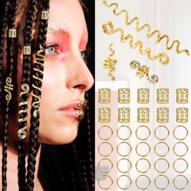 Imagem de 34 acessórios de cabelo dreadlock joias celtas Loc algemas de cabelo para tranças, 4 grampos de cabelo espiral de liga, 10 punhos de coluna, 20 anéis, punhos, decorações de joias