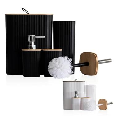 Imagem de Kit para Banheiro Premium Minimalista – Lixeira, Dispenser, Porta-Escova, Copo, Escova Sanitária e Saboneteira | Design Clean, Textura Canelada, Bambu e Inox(4 Peças Quadrado Preto)