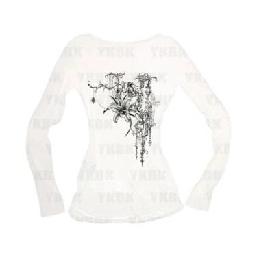 Imagem de Camiseta Cropped Slim Feminina Vintage Gótica Punk Com Estampa Floral 