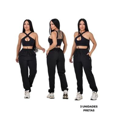 Imagem de Kit 3 Calças Jogger Femininas Poliéster com Elastano Secagem Rápida E 