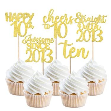 Imagem de 30 Pack 10th Birthday Cupcake Toppers Glitter Straight Outta 2013 Happy 10th Ten Awesome Since 2013 Cupcake Picks 10 Fabulous Cake Decorations for 10th Birthday Wedding Anniversary Party Supplies Gold