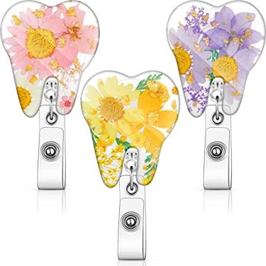 Imagem de 3 peças de porta-crachá de flores para presente de Natal, dente de útero, rim, pulmão, molinete de resina de flor seca, clipe de crachá retrátil para enfermeira, médico e estudante (dente de folha dourada)