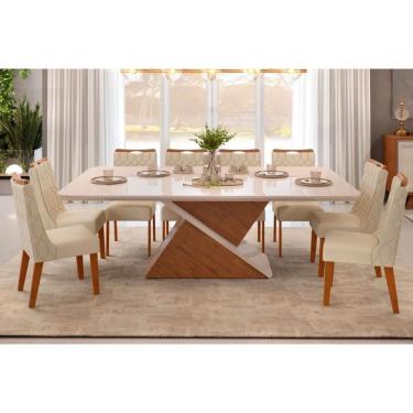 Imagem de Sala De Jantar Completa Zafira Tampo Madeirado C- Vidro Curvo 200x100cm E 8 Cadeiras Bia Freijo-off White - Linho Neve - Dj Móveis