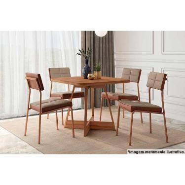 Imagem de Sala De Jantar Completa 1593 Aço C- Tampo Madeirado 90x90cm E 4 Cadeiras 1740 Cobre-linho Areia-courino Caramelo - Carraro