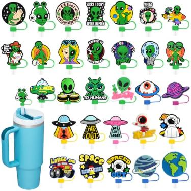 Imagem de Pacote com 30 tampas de palha alienígena para copos, 10 mm Cute Space Out Straw Topper para copos Stanley acessórios presentes para lembrancinhas de festa