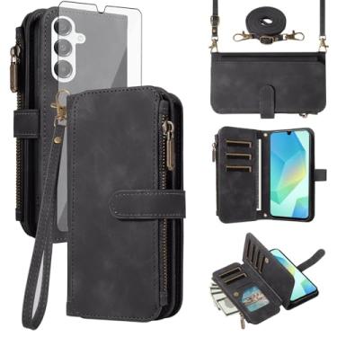 Imagem de Asuwish Capa de celular para Samsung Galaxy A16 5G/4G carteira com zíper capa celular com protetor de tela de vidro temperado alça transversal flip porta-cartão de crédito slot A 16 16A SM-A166U