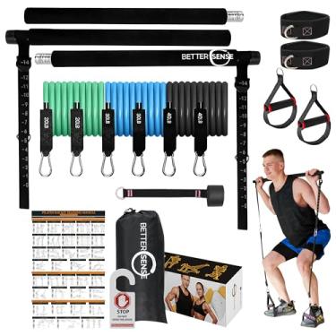 Imagem de Kit de barra Pilates portátil atualizado - Barra Pilates ajustável de 46,5 polegadas 3 seções com faixas de resistência 50,8 g, 18,1 kg. Equipamento de treino doméstico para mulheres com 2 pés e alças para as pernas e corpo inteiro