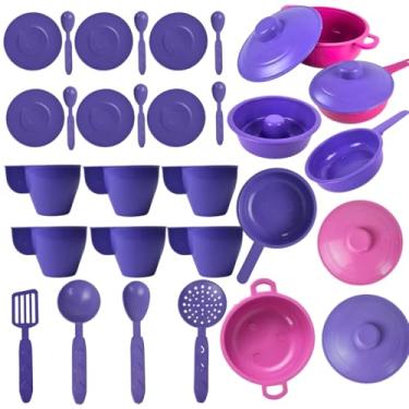 Imagem de Kit Cozinha de Brinquedo Infantil 31 Peças Panelas e Xícaras Roxo e Rosa Conjunto Completo para Brincadeira