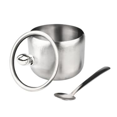 Imagem de 2 peças de açucareiro de aço inoxidável com tampa e colher, recipiente de açúcar de 250 ml para barra de café, tigelas de sal para bancada, cozinha, armazenamento, pimenta, tempero, feijão de café