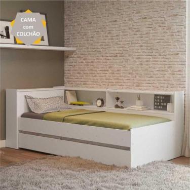 Imagem de Bicama com Colchão Prateleira Lateral e Baú Embutido Branco - MULTIMOV