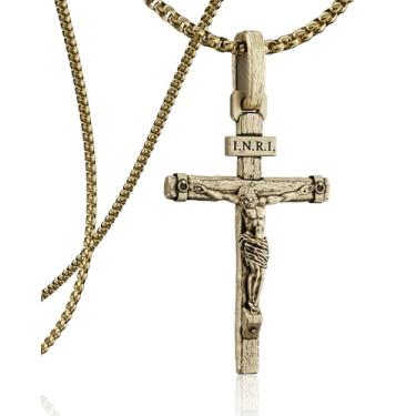 Imagem de ZENLUNANO Colar com cruz crucifixo – Pingente requintado de Jesus, cruz ripada, resistente ao desbotamento, amigável à pele, joia cristã para homens e mulheres, 22 Inch=56CM(Most Men's Choice), Latão