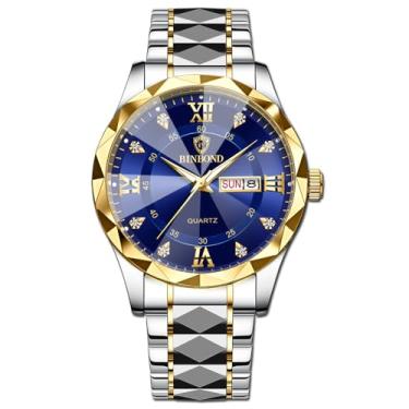 Imagem de W WOLF-CUB Relógios masculinos modernos à prova d'água, aço inoxidável, quartzo, noite, brilho, data, semana, negócios, analógico, relógio de pulso masculino, ouro, azul e ouro, Vestido; negócios