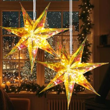 Imagem de Paper Jazz Decorações de Natal iridescentes com estrelas, decoração de árvore de Natal com cordão de luz de estrela, enfeites de Natal iridescentes com LED para ambientes internos e externos, parede e