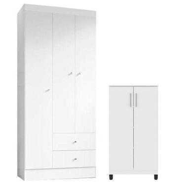 Imagem de Guarda Roupa Solteiro Versa 3 Portas Branco Rosa Fosco Com Armário Multiuso Brisa Branco Fosco - Kits Paraná