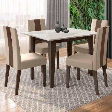Imagem de Conjunto Sala De Jantar Mesa Retangular Kate Com Vidro 120cm E 4 Cadeiras Linea Amêndoa/off White - Poliman