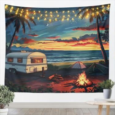 Imagem de jejeloiu Tapeçaria de campista 177.8 cm x 233.6 cm arte de parede infantil feliz acampamento para meninos meninas adolescentes, cobertor de parede respirável macio leve microfibra oceano decoração de