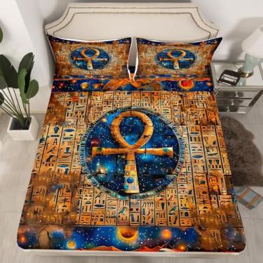 Imagem de Jogo de lençol solteiro com estampa de hieróglifos egípcios do Egito Antigo, estilo tribal estrelado, galáxia retrô, vintage, para quarto de adultos, mulheres, homens, adolescentes, azul dourado