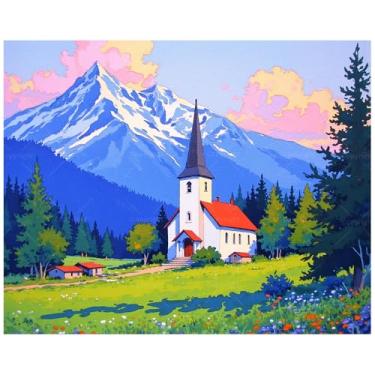 Imagem de Kit de pintura por números de igreja da montanha para adultos - Pintura de paisagem cênica DIY em tela 40,6 x 50,8 cm, conjunto de tinta acrílica para decoração de casa ou presente