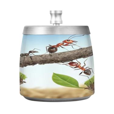 Imagem de Qilmy Cinzeiro de aço inoxidável Team Ant com tampa - Cinzeiro de cigarro à prova de vento sem cheiro sem fumaça para casa, escritório, carro, pátio, varanda (uso interno e externo)